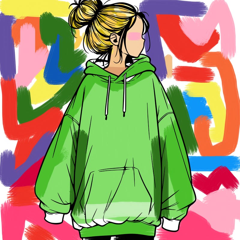 realistic girl with a oversized sweatshirt on and a bun