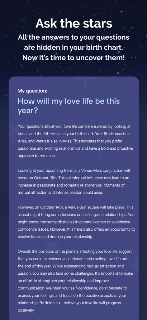 Personalized astrology reading about love life in the Ms Astro app