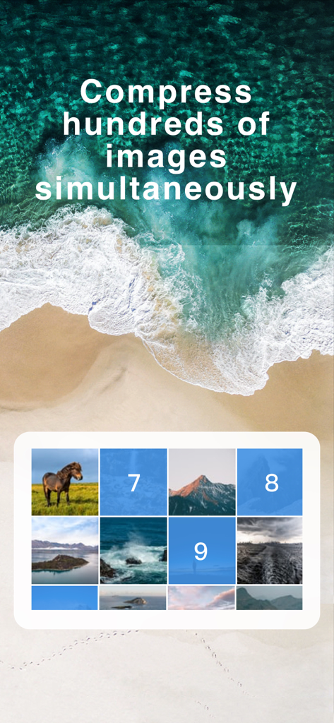 Photo Compress - PicSize - Interface do aplicativo mostrando o recurso de compressão em lote para processar centenas de imagens simultaneamente