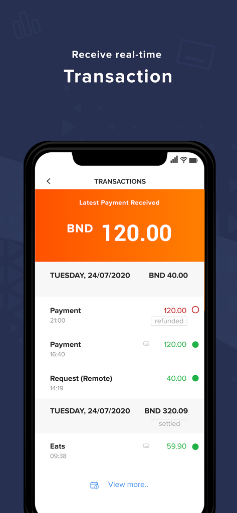 Interface de l'application Pocket Merchant montrant les transactions en temps réel et l'historique des paiements