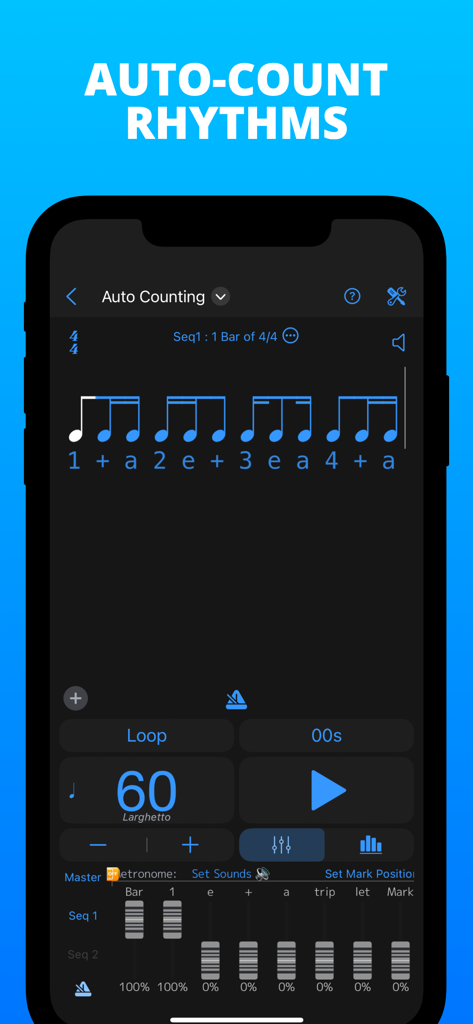 PolyNome: THE Metronome - PolyNome metronome app screen showing auto counting rhythms with sixteenth notes and subdivision mixer
