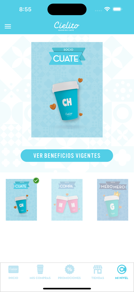 Cielito Querido - Cielito Querido app screen showing loyalty membership levels Cuate Compa and El Mero Mero