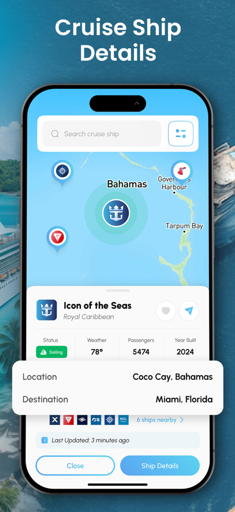 Cruisr app showing real-time location and details for the Icon of the Seas cruise ship on a map