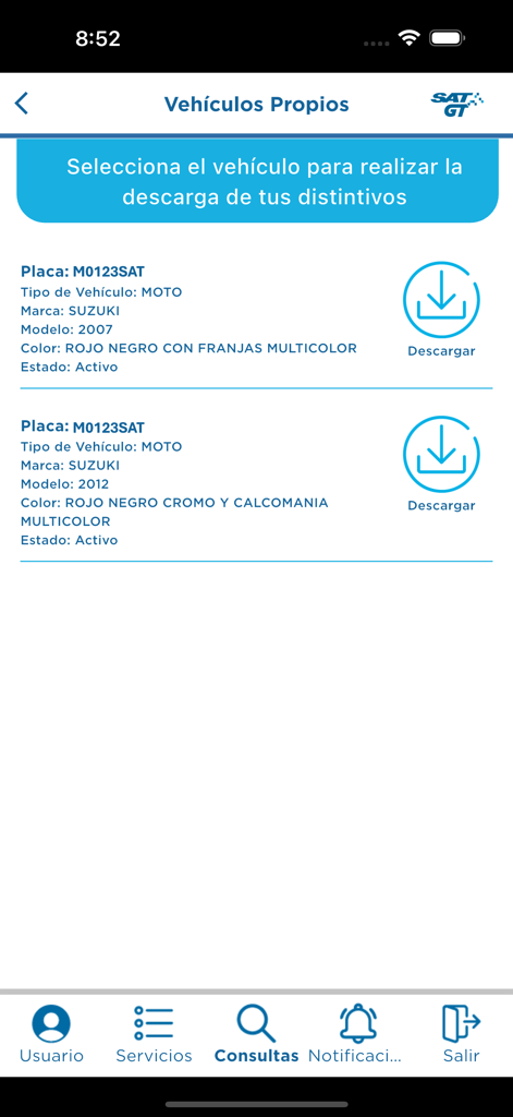 SAT GT - SAT GT app screen showing a list of personal vehicles and download buttons for official documents
