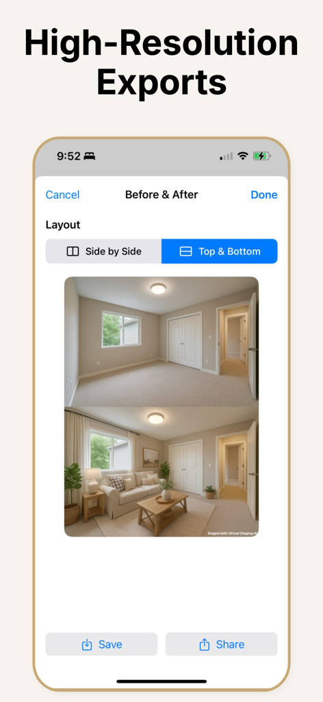Virtual Staging AI Real Estate - Uma comparação lado a lado de um cômodo vazio e uma sala de estar com staging virtual com móveis modernos.