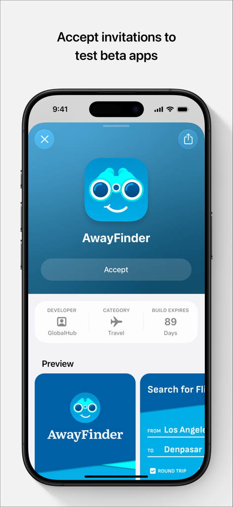 Écran d'iPhone affichant une invitation TestFlight pour tester une application bêta nommée AwayFinder