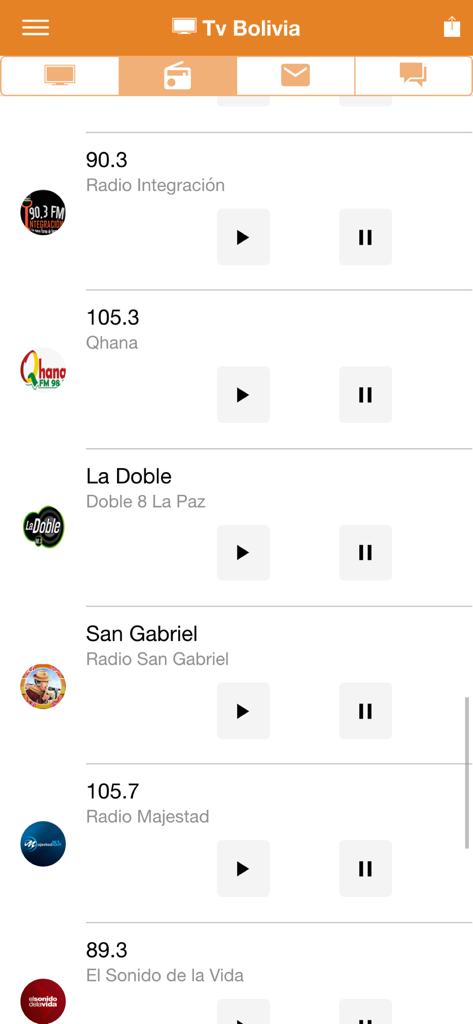Tv Bolivia - Interface of the Tv Bolivia app showing a list of Bolivian radio stations such as Radio Integracion and Qhana with play buttons.