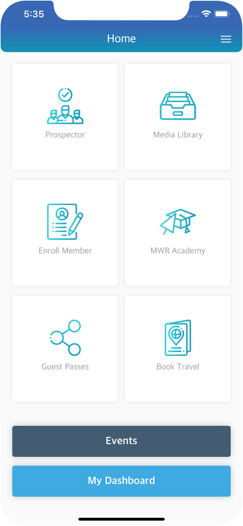 The home screen of the MWR Life app displaying a grid of business tools including Prospector, Media Library, and Book Travel.