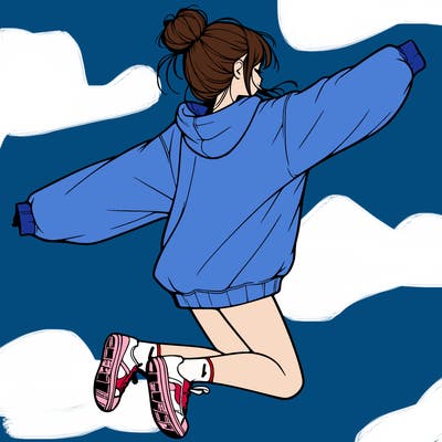 realistic girl jumping with a bun and oversized sweatshirt