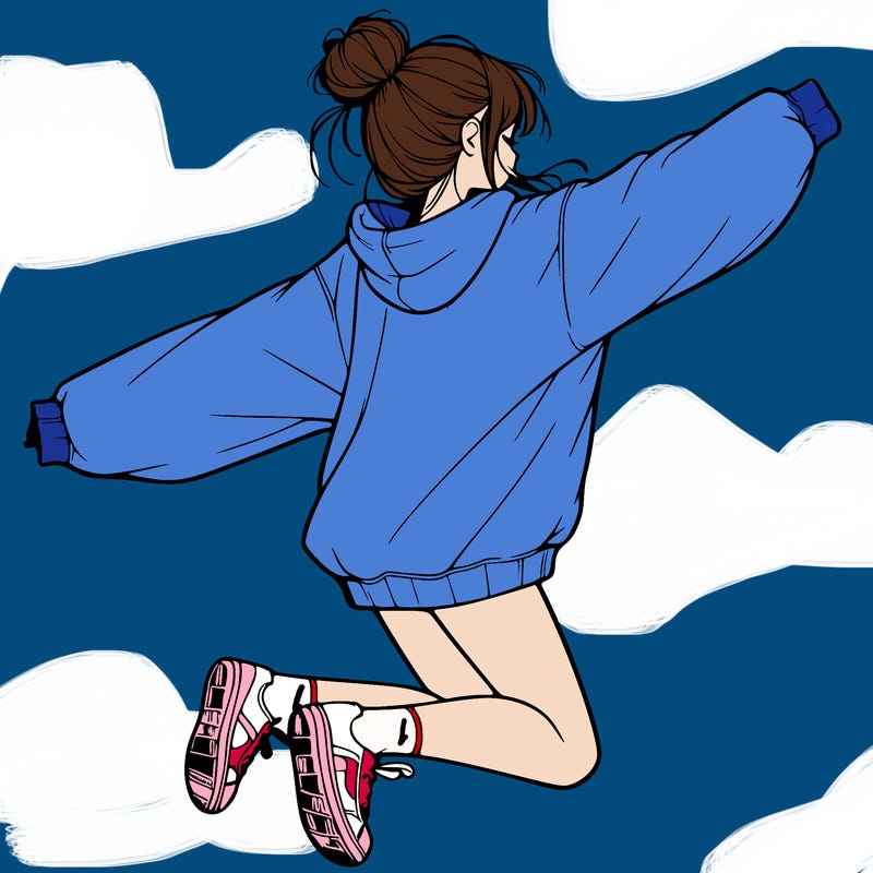 realistic girl jumping with a bun and oversized sweatshirt