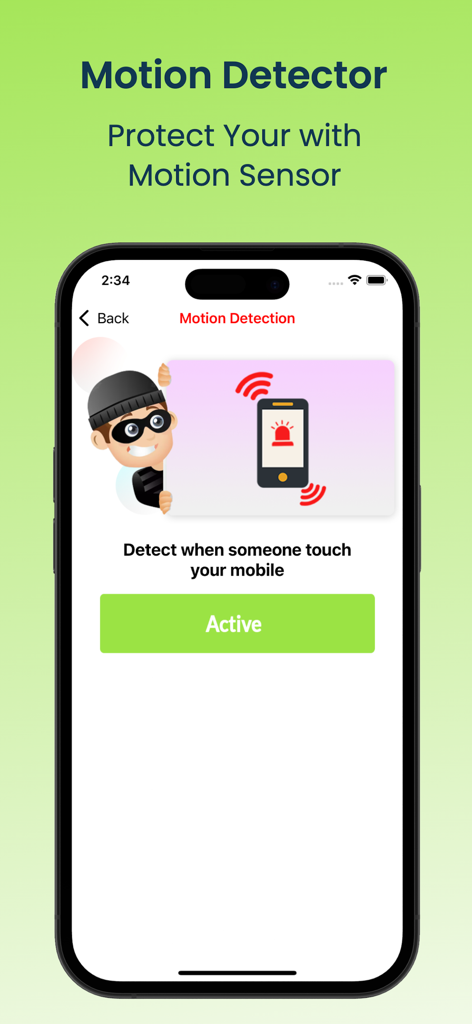 Anti Theft Alarm -Security App - SecureGuard app motion detection feature screen showing a ringing phone and a thief illustration