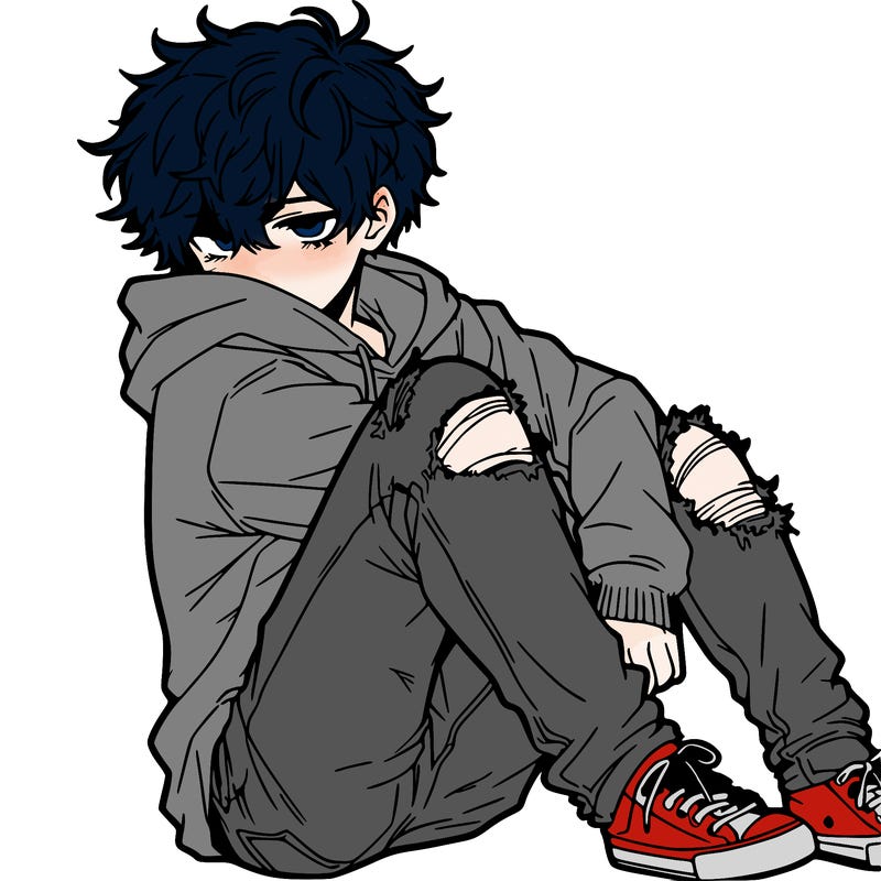 a male hoddie ripped jeans messy hair anime