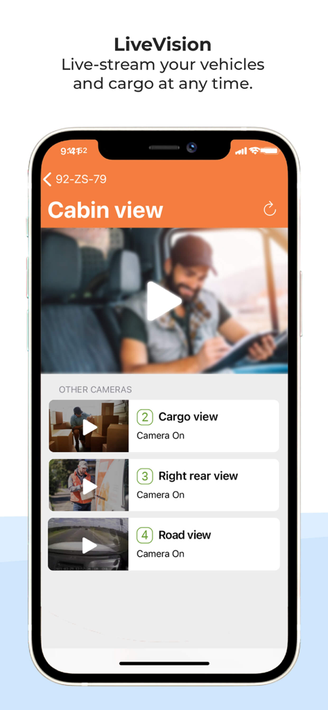 Cartrack app LiveVision interface displaying real time cabin and cargo camera streams for fleet management