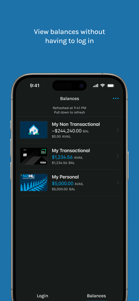 NZHL Mobile Banking - Mobile phone screen of the NZHL app displaying account balances for home loans and personal accounts without needing to log in.