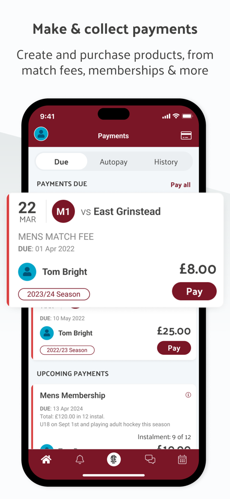 Interface de l'application Teamo montrant les frais de match de sport en attente et les paiements d'adhésion