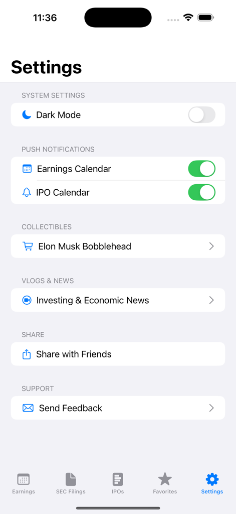 Earnings Whisper - Pantalla de configuración de la aplicación Earnings Whisper con un interruptor de modo oscuro y configuraciones de notificación para calendarios de ganancias y OPI.
