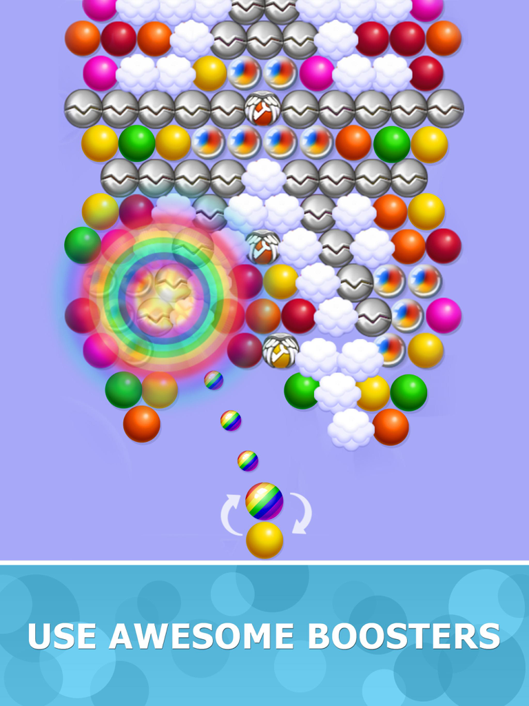 Gameplay screenshot of Bubblez Magic Bubble Quest HD showing a rainbow booster bubble popping bubbles on an iPad screen.