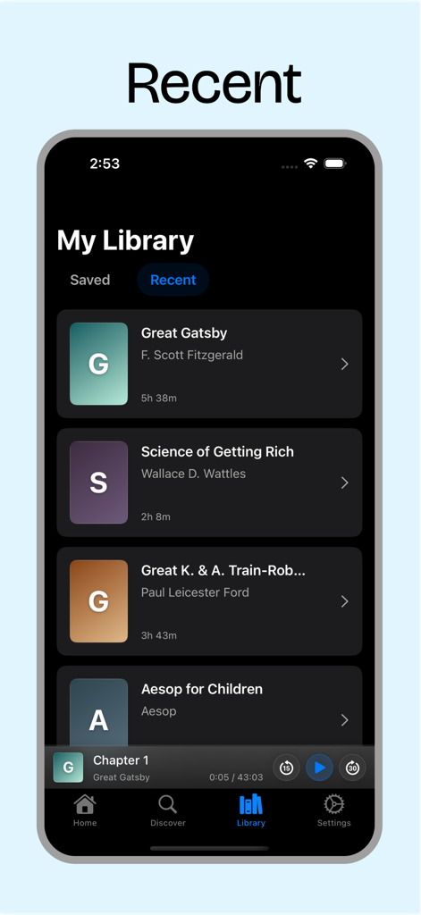 LibriVox! - Interfaz de la aplicación LibriVox que muestra la sección Mi Biblioteca con audiolibros reproducidos recientemente como El Gran Gatsby y Esopo para Niños