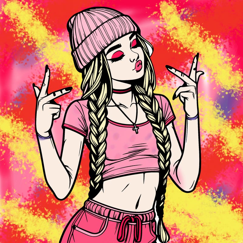 realistic teenage girl with braids and a beanie and crop top doing 🫶🏼