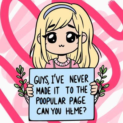 a girl holding up a sign that says, guys, i’ve never made it to the popular page, can you help me?