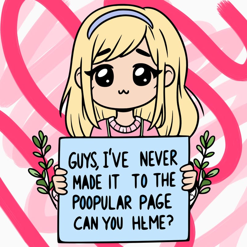 a girl holding up a sign that says, guys, i’ve never made it to the popular page, can you help me?