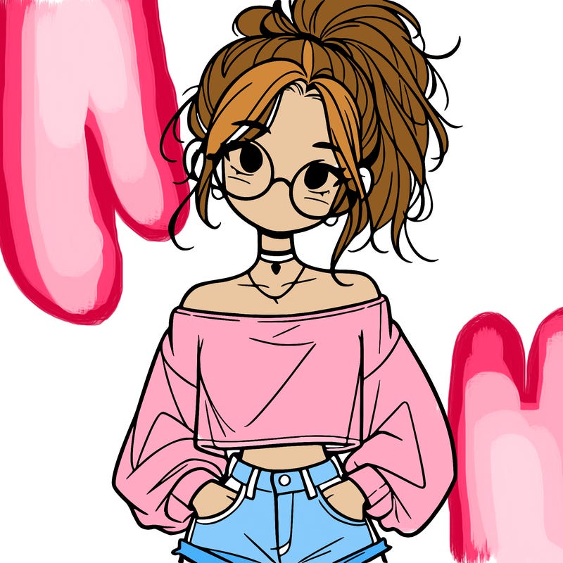 girl with a messy ponytail glasses a baggy crop top and jean shorts