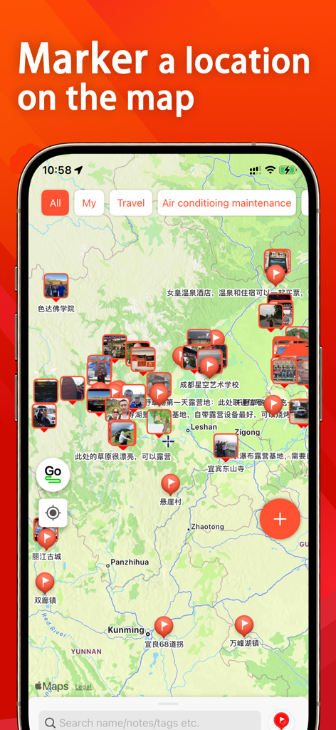 Screenshot der mobilen App, der eine Karte mit mehreren roten Pins und Fotos zur Standortverfolgung und -verwaltung zeigt