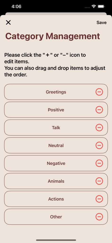 ŌωOmoji - Kaomoji Keyboard - Lo schermo di gestione categorie dell'app ŌωOmoji che mostra un elenco di categorie kaomoji modificabili come Saluti, Positivi e Animali.