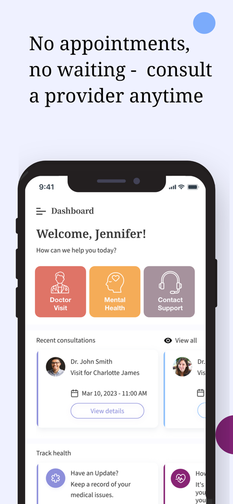 YourDoctors - Online Doctor - The YourDoctors mobile app dashboard featuring quick access to doctor visits and mental health support