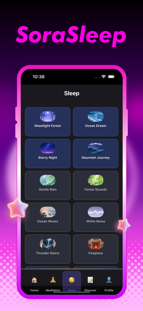 SoraSleep app screen displaying various soothing ambient sounds for sleep like Moonlight Forest and Ocean Dream