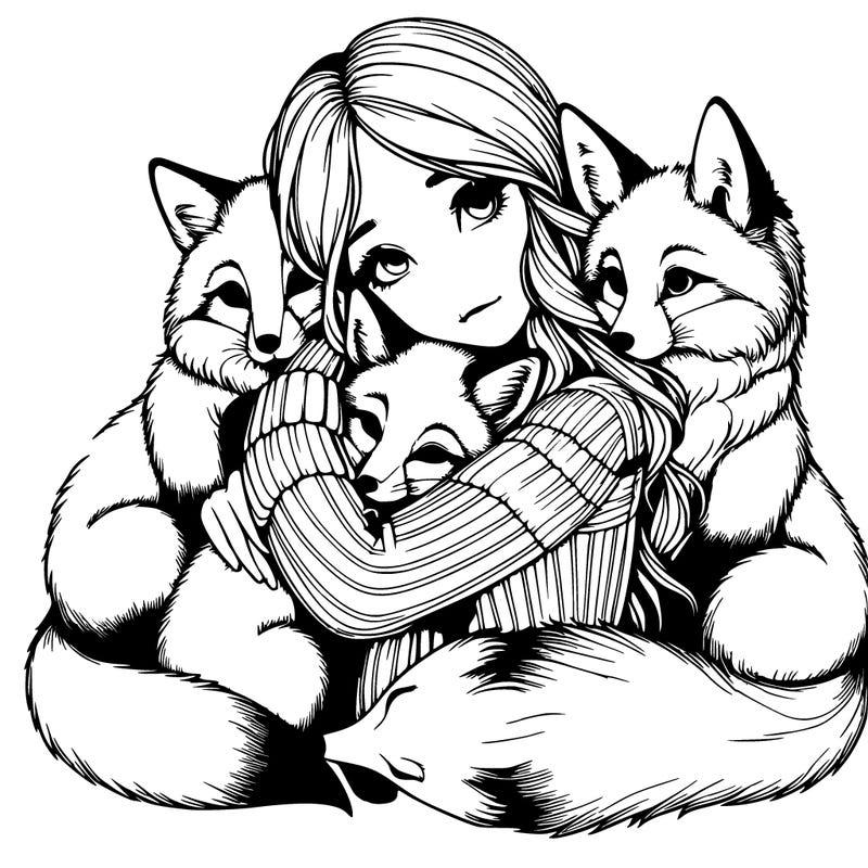 realistic, looking girl hugging, foxes