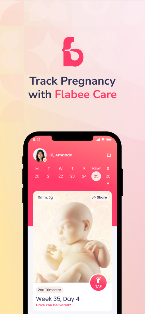 Interfaz de la aplicación Flabee Care pregnancy tracker que muestra el desarrollo del bebé en 3D en la semana 35 y registros de salud diarios.