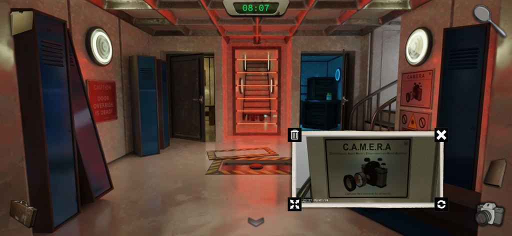 Uma captura de tela do jogo de quebra-cabeça Recursão mostrando uma sala industrial e a ferramenta de câmera do jogo.