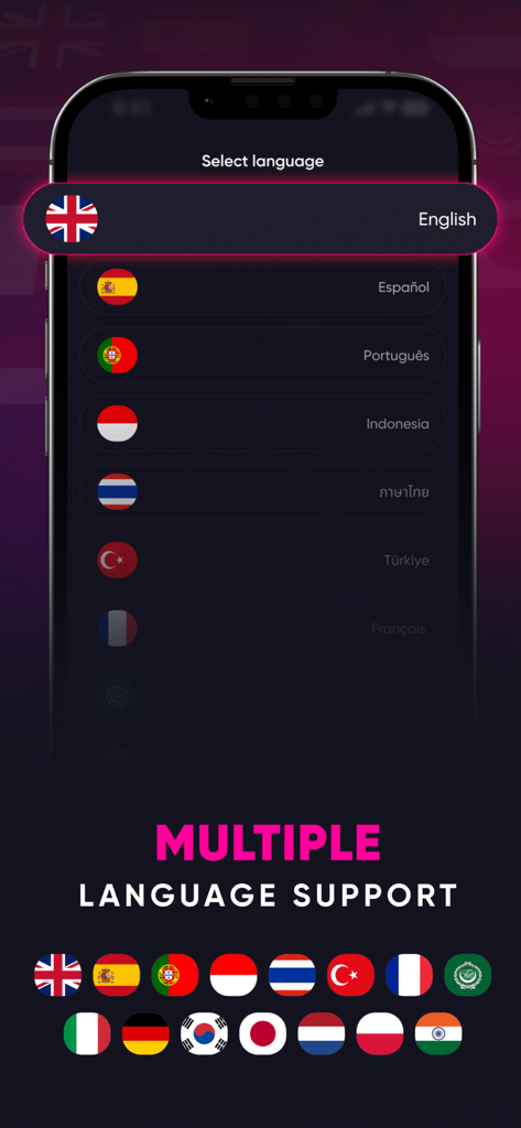 Fir IPTV - Interface de l'application mobile Fir IPTV montrant l'écran de sélection de la langue avec plusieurs drapeaux internationaux