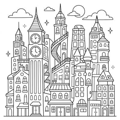 Ignite your child's imagination with this fantastic coloring page featuring a bustling city of mixed-use skyscrapers. Young artists will love bringing this urban landscape to life with their favorite colors.