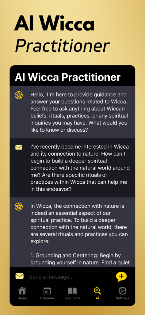 Wicca: Witchcraft & Spells - Chat interface of the AI Wicca Practitioner providing spiritual guidance