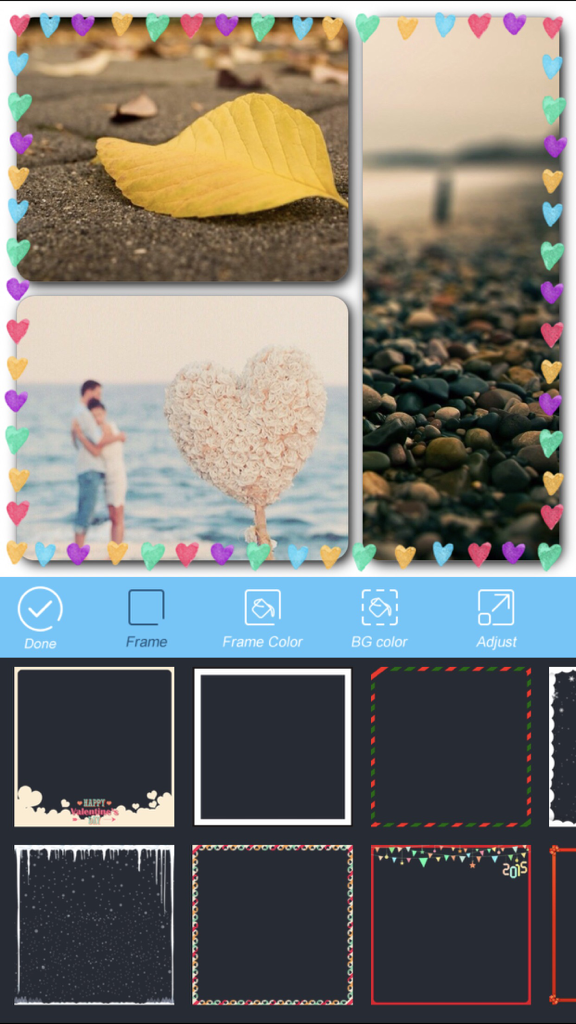 LiveCollage Classic - Instant Collage Maker - LiveCollage Classic app interface displaying a heart themed collage and various decorative frame styles.
