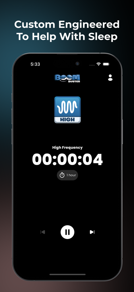 BoomBuster: Noise Blocker - L'application BoomBuster montrant l'interface de masquage des bruits de haute fréquence et la minuterie de sommeil