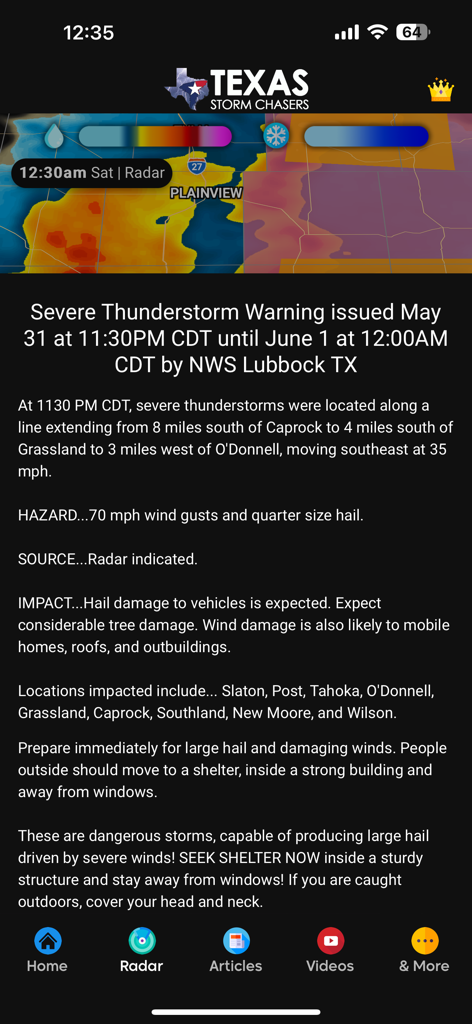 Interface of the Texas Storm Chasers app showing a detailed severe thunderstorm warning for Lubbock including radar and safety instructions