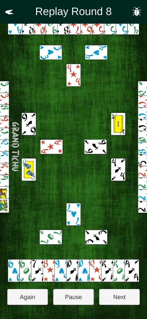 Tichu one - Replay screen of a Tichu one card game round showing players cards and table layout