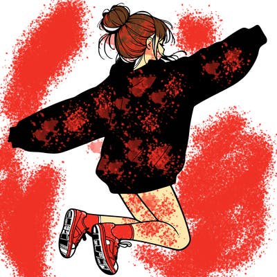 realistic girl jumping with a bun and oversized sweatshirt