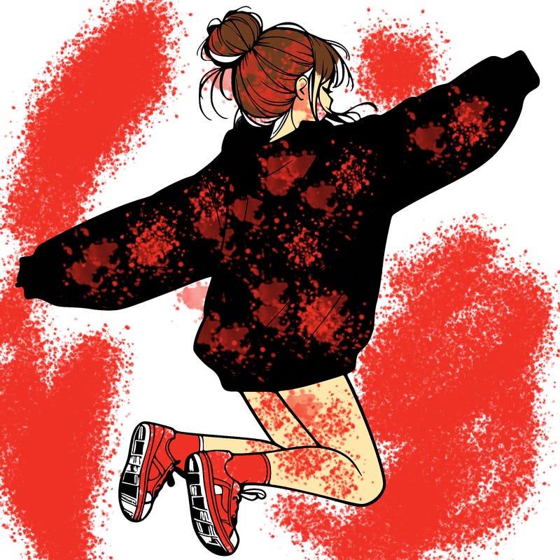 realistic girl jumping with a bun and oversized sweatshirt