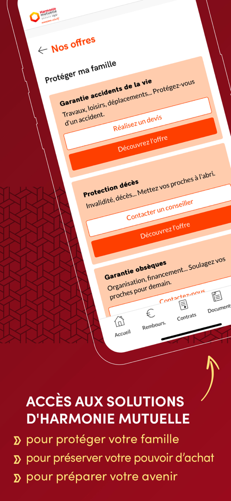 Harmonie & moi - Capture d'écran de l'application Harmonie & moi présentant diverses offres d'assurance pour la protection de la famille et la planification future.