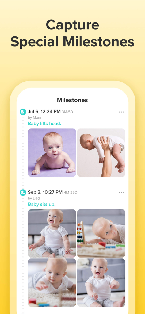 Glow Baby Tracker & Growth App - Pantalla de hitos de la aplicación Glow Baby que muestra las etapas del desarrollo con fotos del bebé