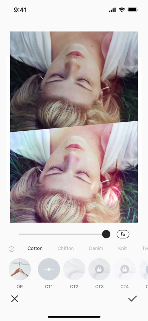 Interface of Spring app showing a before and after comparison of a photo filter effect