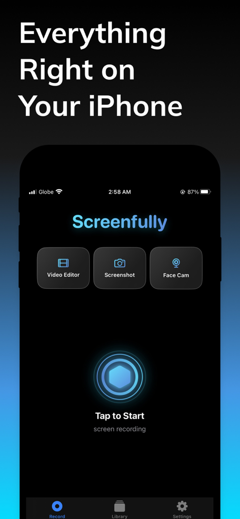Main interface of the Screenfully app showing recording options and video editing tools on an iPhone