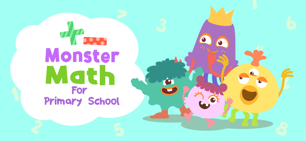 Pantalla de título del juego educativo Monster Math para estudiantes de primaria que presenta monstruos de dibujos animados coloridos y símbolos matemáticos.