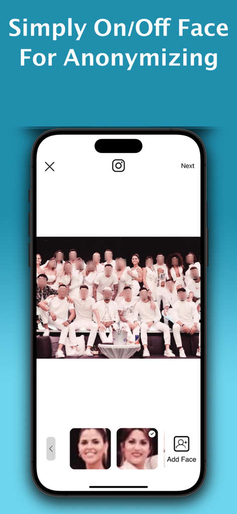 A group photo in the Auto Blur Faces app with multiple faces pixelated for privacy and an option to toggle blur on or off