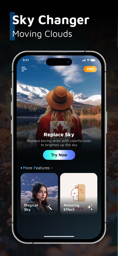 AI Sky Replacement Sky Changer - AI Sky Replacement app interface showing sky editing features for travel photos