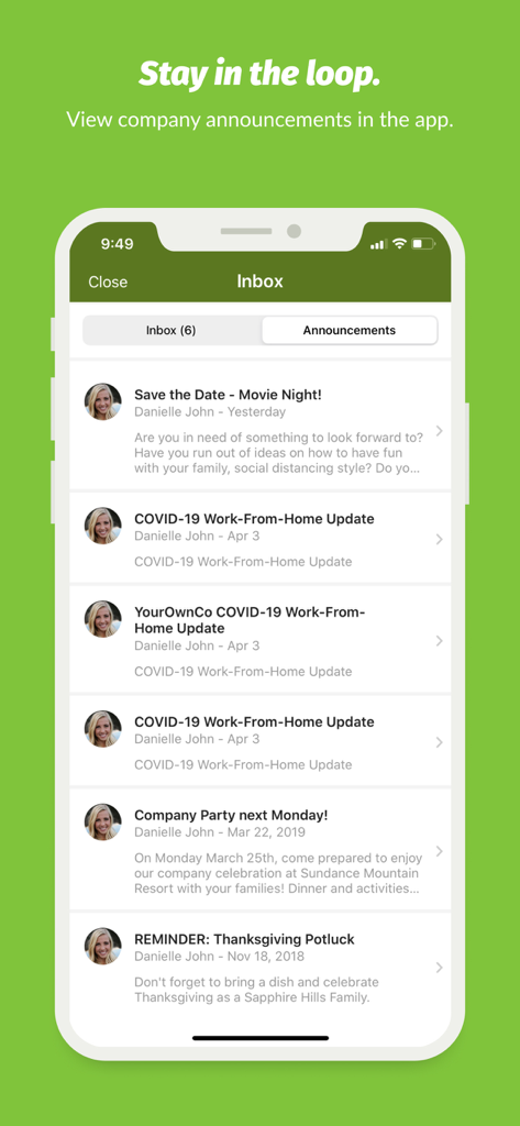BambooHR - Aplicativo móvel BambooHR mostrando a tela de anúncios com atualizações da empresa e eventos de funcionários.